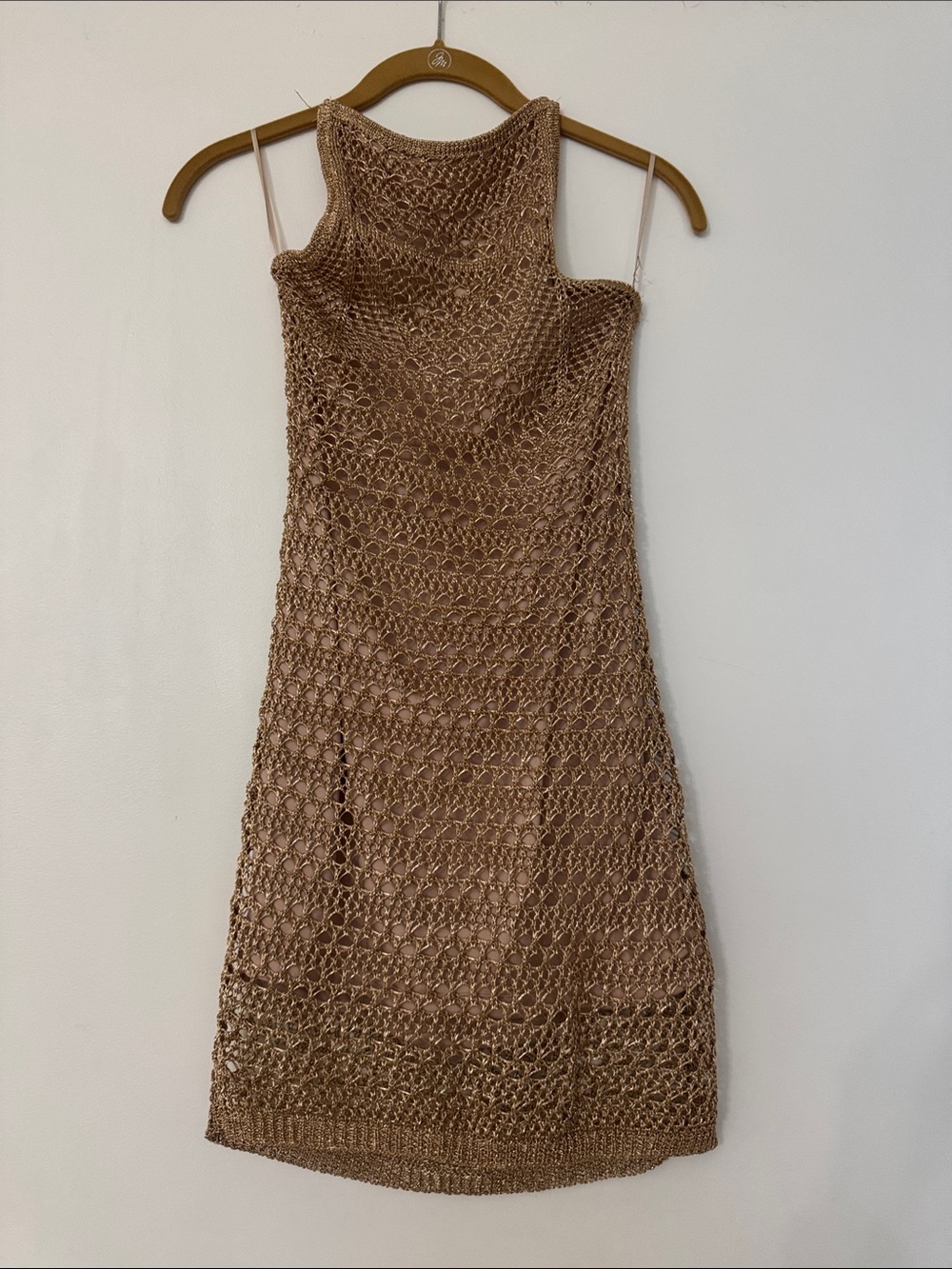 Luxxel Crochet Mini Dress in Gold and Tan lining
